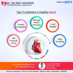 Maintaining a healthy #heart is essential for overall well-being. Here are some #tips to promote heart health: Eat a Heart-Healthy Diet , #ExerciseRegularly , Maintain a #HealthyWeight, #QuitSmoking: Consult our expert Dr.Sai Ravi Shanker Sr.Consultant interventional Cardiologist CEO -Virinchi Hospitals #Drsairavishankar #cardiologist #consultantcardiologist #cardiologydoctor #InterventionalCardiologst #virinchihospital #banjarahils #hyderabad #heartcheckup #Tipsforhealthyheart Acute Coronary Syndrome, Healthy Heart, Cardiology, Health Advice, Brain Health, Heart Healthy, Eating Well, Healthy Weight, Hyderabad