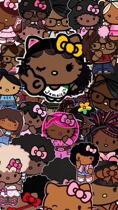 a bunch of cartoon characters are grouped together in this photo, with the caption hello kitty