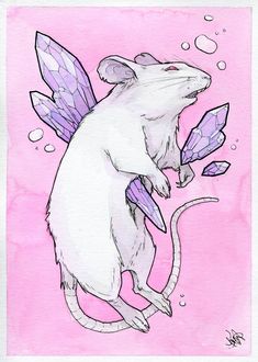 a drawing of a mouse with wings on it's back, in front of a pink background