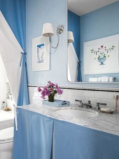 Ideas to take from a renter-friendly blue bathroom transformation. Sink Skirt, Warehouse Apartment, Patterned Bathroom Tiles, Rental Bathroom, Ikea Billy Bookcase Hack, Rental Kitchen, Bathroom Transformation, Ikea Billy Bookcase