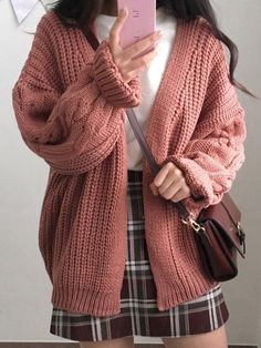 Retro thicker Knit Cardigan Open Front Cable Knit Cardigan - AnotherChill Fall Knit Sweater, Outfit Essentials, Loose Cardigan, Vogue Knitting, Korean Fashion Trends, Knitted Coat, Garter Stitch, Plaid Skirt, Inspired Outfits