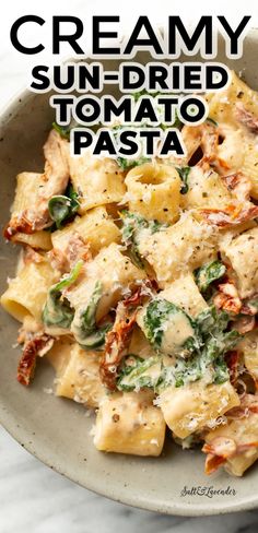 a bowl of rigatoni with text overlay that reads creamy sun-dried tomato pasta Sundried Tomato Recipes, Dried Tomato Pasta, Dairy Free Pasta Recipes, Sun Dried Tomato Pasta, Tomato Pasta Recipe, Dairy Free Pasta, Tomato Basil Pasta, Pasta Side Dishes, Pasta Sides