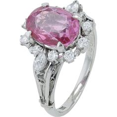 Platinum 3.31 Carat No Heat Pink Sapphire and Diamond Accent Ring - GIA Certified Luxury Gia Certified Pink Gemstones, Elegant Pink Sapphire Diamond Ring In White Gold, Elegant White Gold Pink Sapphire Diamond Ring, Pink Brilliant Cut Sapphire Ring In Fine Jewelry Style, Luxury Pink Diamond Gemstone Ring, Luxury Pink Diamond Ring With Center Stone, Classic White Gold Pink Sapphire Diamond Ring, Pink Brilliant Cut Sapphire Ring Fine Jewelry, Exquisite Pink Round Diamond Ring