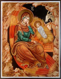 an image of the virgin mary and child jesus with a donkey in the foreground