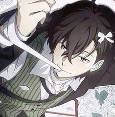 an anime character with black hair holding a knife