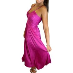 Achieve perfection in this vibrant magenta maxi. With its delicate pleats and flowy silhouette, you'll feel confident and look effortlessly chic at any event. Lined Adjustable straps V-neck; Maxi silhouette Back zipper closure Pleated front bodice Elastic back Metallic Shorts, Pet Hair, Feel Confident, Summer Sale, Bodice, Adjustable Straps, V Neck, Elastic, Zipper