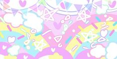 an abstract background with hearts, stars and clouds in pastel pink, blue, yellow, green, purple