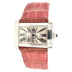 Cartier Automatic Vintage Stainless steel ref. 2612 Divan ser. 1030*** / all original parts / pink leather strap (fits 6.5-8 inch wrist) / 38mm (width) x 30mm (height) dial / 8.3mm thick. Pre-Owned Cartier Divan ref. 2612 watch with stainless steel case and leather strap. Good condition with all original Cartier parts and movement. Watch Model Details: ✔ Reference Number: 2612 ✔ Serial Number: 1030**** ✔ Movement Type: Automatic ✔ Brand: Cartier ✔ Model: Divan ✔ Condition: Pre-Owned very good ✔ Classic Pink Watch With Rectangular Dial, Classic Pink Watches With Rectangular Dial, Luxury Pink Watch With Rectangular Dial, Luxury Pink Watches With Rectangular Dial, Formal Pink Watch Accessories With Diamond Hour Markers, Timeless Pink Watch Accessories For Formal Occasions, Luxury Pink Watches With Subdials, Timeless Pink Watch For Formal Occasions, Timeless Formal Pink Watch