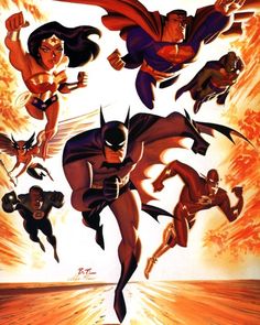 batman and wonder girls flying through the air in front of an orange sky with flames