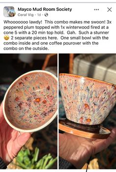 someone is holding up a bowl that has been decorated with pink and blue designs on it