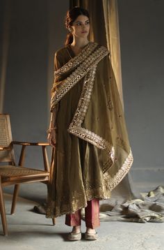 Begum Pret-Deep Olive A-Line Asymmetrical Kurta Set-INDIASPOPUP.COM Intricate Mirror, Luxury Pret, Punjabi Outfits, A Line Kurta, Festive Collection, Hand Work Embroidery, Organza Dupatta, Embroidered Neckline, Kurta With Pants