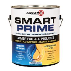 a white paint can with the words smart prime on it's side and an image of