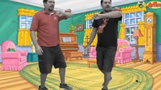 two men are standing on the floor in front of a living room with green walls