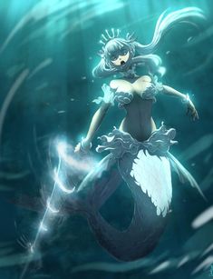 a woman in a mermaid costume standing on top of a blue and white fish tail