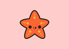 an orange starfish with brown spots on it's face, against a pink background