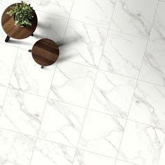 two round tables on top of a white marble tile floor with a potted plant