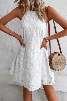 Floral Embroidery Dress, Vintage Mini Dresses, Eyelet Dress, Strapless Mini Dress, Mini Dresses Summer, Lace Fashion, Sleeveless Mini Dress, White Mini Dress, Dress Length