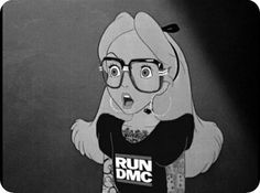 a cartoon character with glasses and a run d m c sign on it's chest