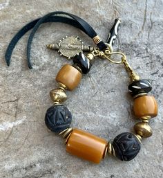 Boho Tribal Bracelet Vintage Amber Resin, African Ethnic Clay, Bone and Brass Chunky Bracelets Beads, African Beaded Bracelets, Bohemian Chic Jewelry, Vintage Beaded Bracelet, African Inspired Jewelry, Boho Chic Bracelets, Multicolor Jewelry, Amber Resin, Earthy Jewelry