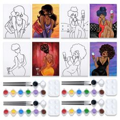 several different colored images of women with wine glasses and paintbrushes in front of them