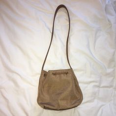 Gold And Brown Faux Leather Bucket Shoulder Bag. Has A Zipper Pocket Inside. Looks Brand New Ysl Purse, Lucky Brand Boots, Michael Kors Satchel, Tory Burch Handbags, Guess Handbags, Vintage Suede, Monogram Bag, Satchel Tote, Black Leather Handbags