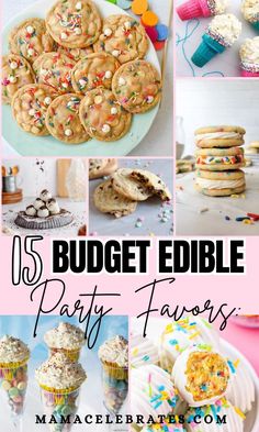 a collage of images with the words 15 budget edible party favors on it and desserts