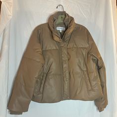 Prologue Target Size Large Faux Leather Puffer Jacket Tan Nwt Beige Puffer Jacket For Work In Fall, Spring Leather Puffer Outerwear, Winter Khaki Leather Outerwear, Winter Leather Khaki Outerwear, Khaki Leather Winter Outerwear, Spring Puffer Leather Jacket For Work, Brown Puffer Outerwear For Spring, Spring Leather Outerwear In Khaki, Spring Leather Khaki Outerwear