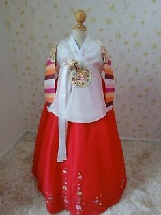 (eBay) Premium Royal Hanbok. for tall 165 cm. Length 142 cm. Length 26". Sleeve 29.5" from the center of collar to the tip of the sleeve. Traditional Fitted Hanbok For Weddings, Traditional Fitted Wedding Hanbok, Traditional Spring Wedding Hanbok, Royal Hanbok, Traditional Outfits, South Korea, Im Not Perfect, Rainbow, Collar