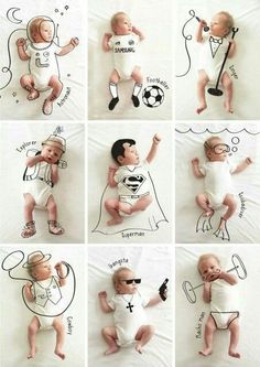 many pictures of babys with different poses and names on them, including one holding a soccer ball