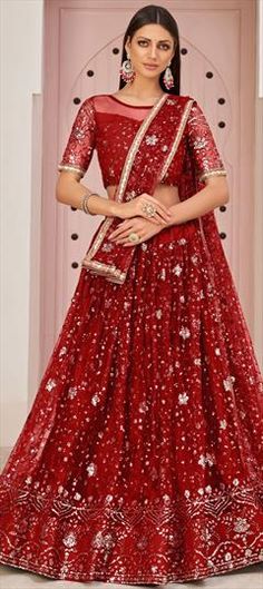 Red and Maroon color Lehenga in Net fabric with Lace, Sequence work Red Saree With Mirror Work For Reception, Red Lehenga With Mirror Work And Traditional Drape, Red Lehenga With Mirror Work For Diwali, Festive Red Lehenga With Mirror Work, Red Sharara With Mirror Work For Wedding, Red Georgette Lehenga With Sequins, Red Sparkly Lehenga, Maroon Net Saree, Maroon Net Lehenga