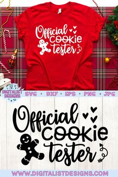 a red shirt that says official cookie tester on the front, and an image of a