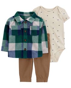 Green/Heather/Brown Baby 3-Piece Plaid Fleece Little Jacket Set | carters.com Cotton Sets For Playtime In Fall, Fall Cotton Sets With Short Sleeves, Cute Baby Clothes For Boys, Autumn Fabric, Fleece Plaid, Heather Brown, Baby Boy Clothing Sets, Brown Babies