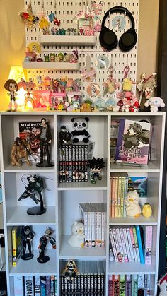 a book shelf filled with lots of toys