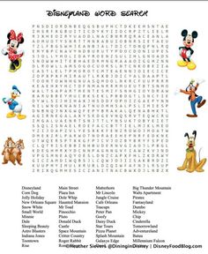 the word search for disney world is shown in this printable activity sheet, which includes characters