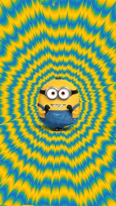 a minion in the middle of a blue and yellow spiral background with an evil looking face