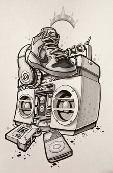 a drawing of a pair of shoes on top of a boombox with headphones