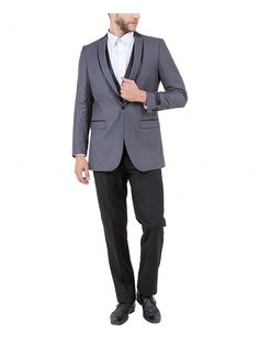 Ooze confidence and modern style in this sharp 3-piece slim-fit tuxedo. The one-button closure jacket boasts a luxurious fabric drape, peak lapels with contrasting satin trim, and functional satin-trimmed side pockets. A five-button vest with a matching satin collar creates a cohesive look, while the slim-fit trousers with a flat front hug your legs for a contemporary silhouette.Men's 3pc Grey/Black  Peak Lapel With Satin Trim Solid Slim Fit Tuxedo Grey Casual,Work,Party  Long Sleeve  Plain  Med Fitted Tuxedo With Hidden Button Closure For Parties, Fitted Black Tie Suits, Fitted Tuxedo With Lapel Collar And Hidden Buttons, Fitted Tuxedo Sets For Formal Occasions, Fitted Tuxedo With Lapel Collar For Black-tie Events, Formal Slim Fit Single Button Tuxedo, Fitted Tuxedo Set With Lapel Collar, Formal Single Button Slim Fit Tuxedo, Single Button Slim Fit Tuxedo For Formal Occasions