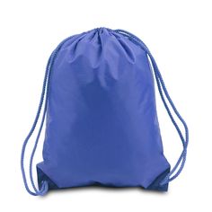 a bright blue drawsack bag with rope handles on the front and back sides, isolated against a white background