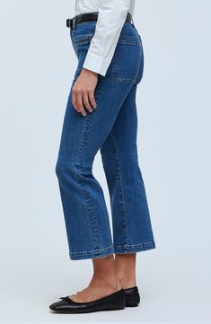 An evolution of the brand's fan-fave fit, these mid-rise cropped jeans have front welt-patch pockets and kicked-out flare hems. 26 1/2" inseam; 18" leg opening; 10 1/2" front rise; 15" back rise (size 29) Zip fly with button closure Front welt-patch pockets; back patch pockets 98% cotton, 2% Lycra® elastane Machine wash, tumble dry Imported Dark Wash Cropped Leg Flare Jeans, Mid-rise Cropped Jeans With Patch Pockets In Medium Wash, Mid-rise Cropped Jeans With Patch Pockets, Fall Cropped Jeans With Patch Pockets, Cropped Jeans With Patch Pockets For Fall, Flared Cropped Jeans With Pockets, Mid-rise Flare Jeans With Patch Pockets In Medium Wash, Mid-rise Cropped Jeans With Patch Pockets For Fall, Fall Mid-rise Cropped Jeans With Patch Pockets