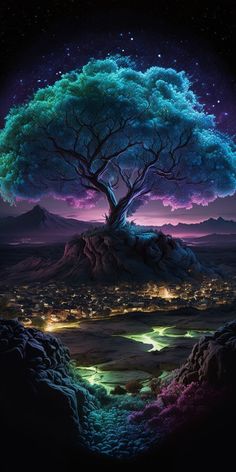 an artistic painting of a tree on top of a hill with the city lights in the background