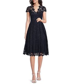 Eliza J Illusion Boat Neck Short Sleeve Sequin Embroidered Floral Lace Midi Dress | Dillard's Navy Cap, Mother Of The Bride Dresses Long, Mob Dresses, Modern Feminine, Illusion Dress, Lace Caps, Tea Length Dresses, Eliza J, Black Lace Dress