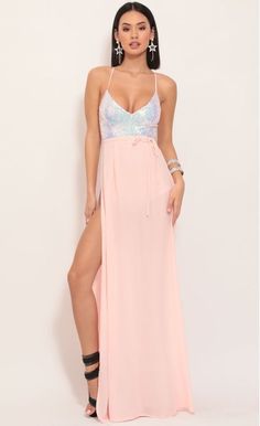 Party dresses > Kaylen Sequin Maxi Dress in Blush Iridescence Maxi Length Dresses With Side Slits For Homecoming, Glamorous Split Maxi Dress For Prom, Backless Sequin Maxi Dress For Summer, Sequin Maxi Dress For Homecoming And Prom Season, Glamorous Summer Maxi Dress With Side Slits, Glamorous Prom Maxi Dress With Side Slits, Split Summer Prom Dress, Glamorous Party Dress With Split, Summer Gala Maxi Dress With Split