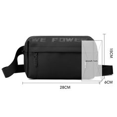 a black bag with the words we power printed on it and measurements for each side