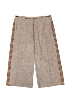 Current Boutique-Trina Turk - Beige Wide Leg Cropped Pants w/ Beaded Trim Sz 2 Chic Embellished Pants For Fall, Chic Fitted Embellished Bottoms, Embellished Spring Bottoms, Embellished Spring Trousers, Embellished Wide Leg Summer Bottoms, Embellished Wide Leg Bottoms For Summer, Fitted Embellished Pants For Workwear, Chic Embellished Pants For Summer, Elegant Embellished Pants For Spring