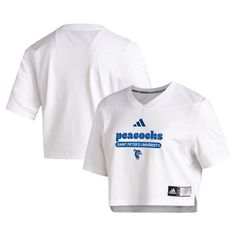 The adidas Crop Jersey is the ultimate fan gear for showcasing your unwavering support for the Saint Peter's Peacocks. Crafted from breathable polyester mesh, this cropped jersey ensures utmost comfort, whether you're cheering from the stands or simply representing your team in style. Join the ranks of passionate Saint Peter's Peacocks fans and add this jersey to your collection. White Adidas Logo Top For Sports Season, Adidas Three Stripes Tops For Sports Events, White Adidas Logo Top For Sports, White Adidas Tops For Sports Season, Adidas Tops For Sports Events With Three Stripes Branding, Adidas Tops For Sports Events With Three Stripes, Adidas Sportswear Tops For Sports Season, Adidas Sporty Tops For Sports Events, Sportswear Tops For Sports Season Fan Gear