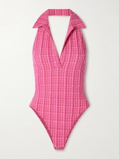 Lisa Marie Fernandez often looks to bygone eras for inspiration - this swimsuit draws on '70s tennis tops. It's made from striped seersucker and has a polo collar and plunging neckline. Wear yours to the pool or as a bodysuit with jeans. Pink Swimsuit Outfit, 70s Swimwear, 80s Swimwear, Chic Beachwear, 70s Tennis, Bodysuit With Jeans, Swimsuit Outfit, Bathing Suit Designs, Halter Neck Swimsuit