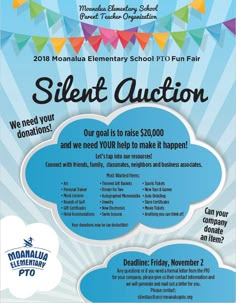 an advertisement for the montana elementary school's silent auction on friday, november 2