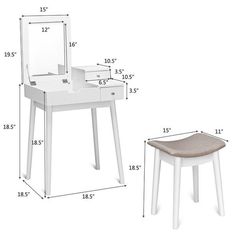 a white dressing table with a stool and mirror on it, measurements for the chair