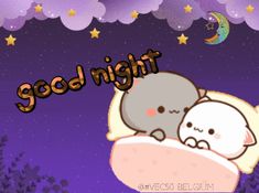 an animated image of two cats sleeping on a pillow with the words good night above them