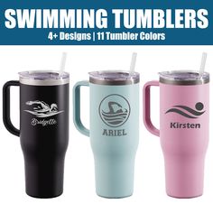 three different colored tumblers with the words swimming tumblers on them and one has a straw